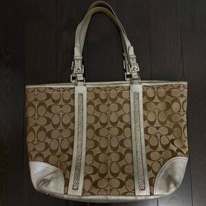 Beige COACH Print Silver Metallic Tote Bag